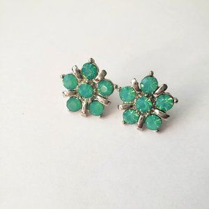 Unique VTG Flower Shaped Green Crystal Earrings